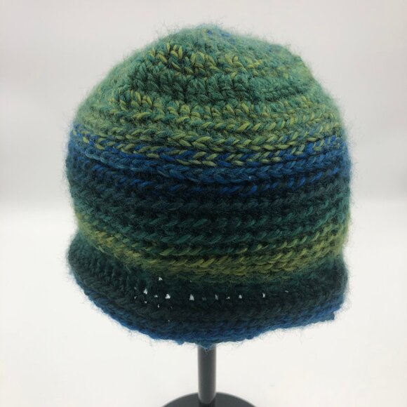 Hand-Knit Wool Beanie – Green & Blue Artisan Striped Winter Hat - Picture 4 of 5